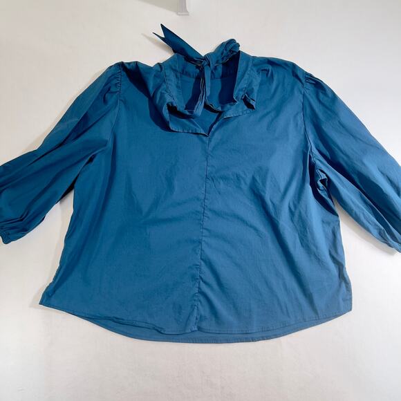 Eloquii Blouse Top Woman 18 Blue Elastic Cuffs Tie Back Plain Front w/ Darts - Picture 3 of 16